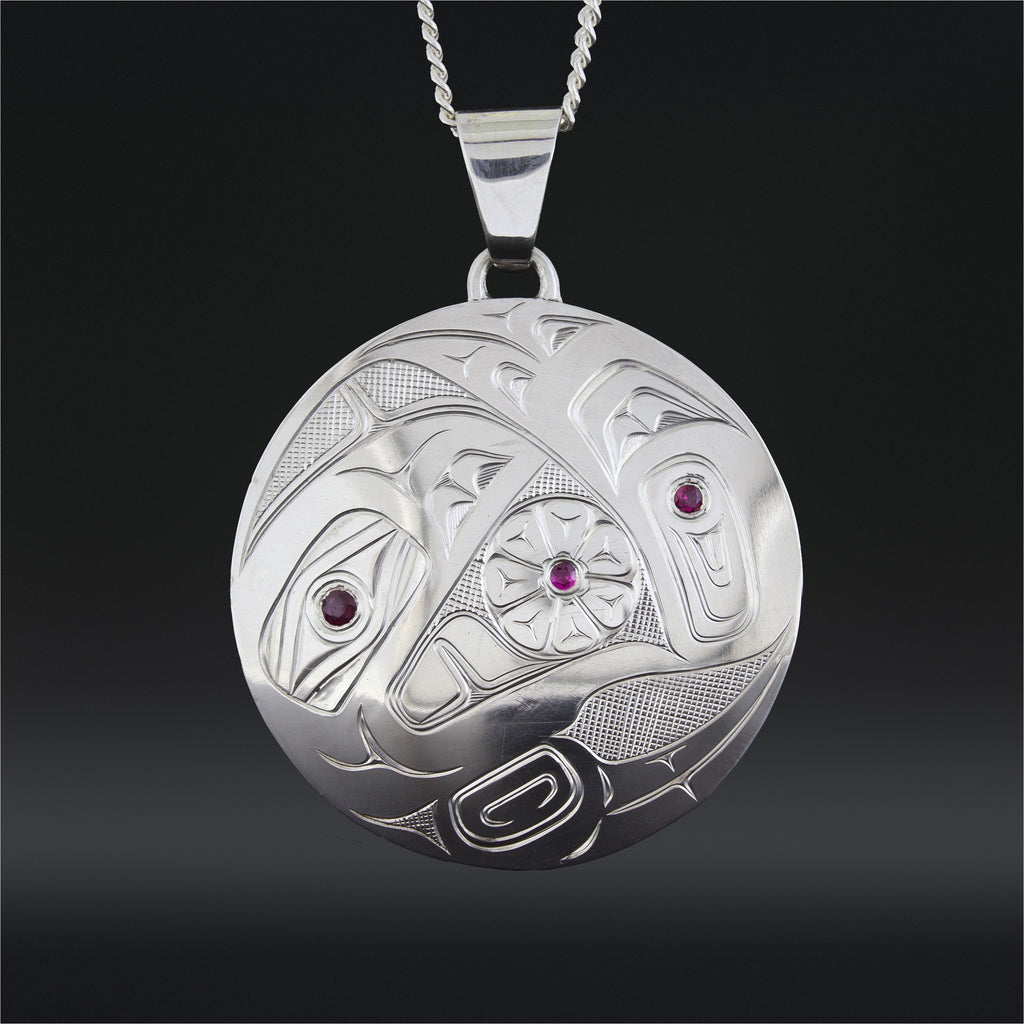 Raven Steals Daisies - Silver Pendant with Rubies