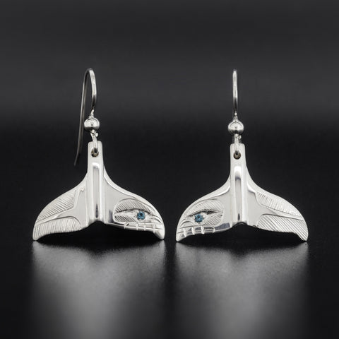 Whale Tail - Silver Earrings with Blue Diamond