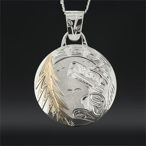 Bear and Raven in the Bush - Silver Pendant with 14k Gold