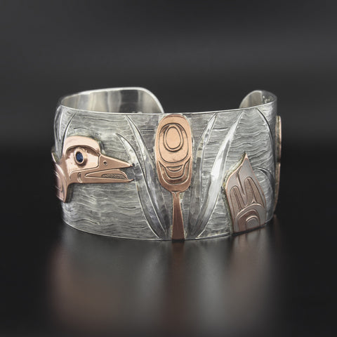 Day at the Pond - Silver Bracelet with Shibuichi and Sapphire