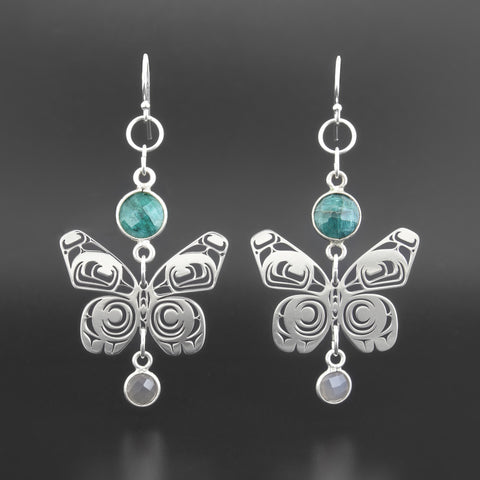 Butterfly - Silver Earrings with Emerald and Moonstone