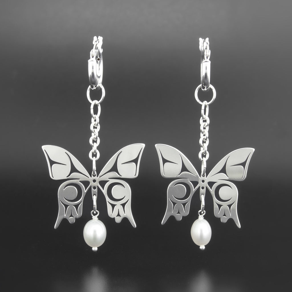 Butterfly - Silver Hoop Earrings with Freshwater Pearl