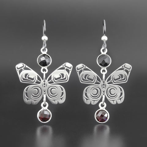 Butterfly - Silver Earrings with Onyx and Garnet