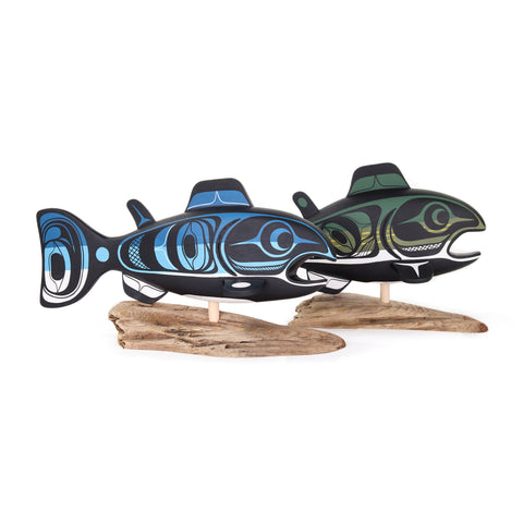 Salmon - Basswood Sculpture on Driftwood