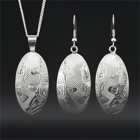 Killerwhale and Salmon - Silver Pendant and Earrings Set