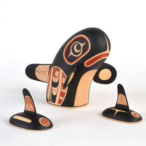 Mother Orca with Calves - Basswood Sculpture