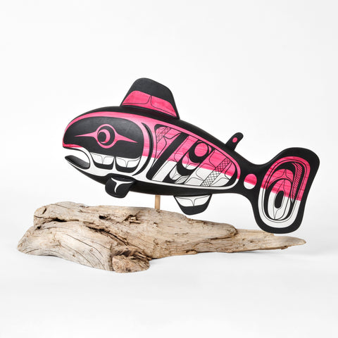 Salmon - Basswood Sculpture on Driftwood