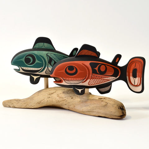 Swimming Salmon - Basswood Sculpture on Driftwood